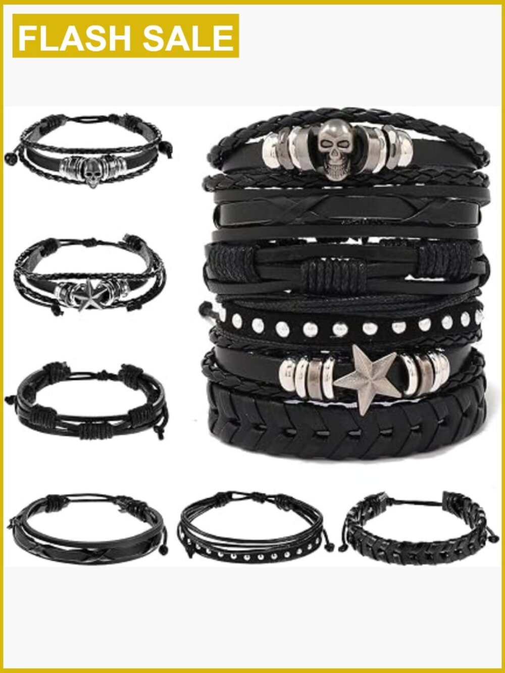 6-Piece Gothic Punk Bracelet Set - Spike Studded Leather Cuff Wristbands